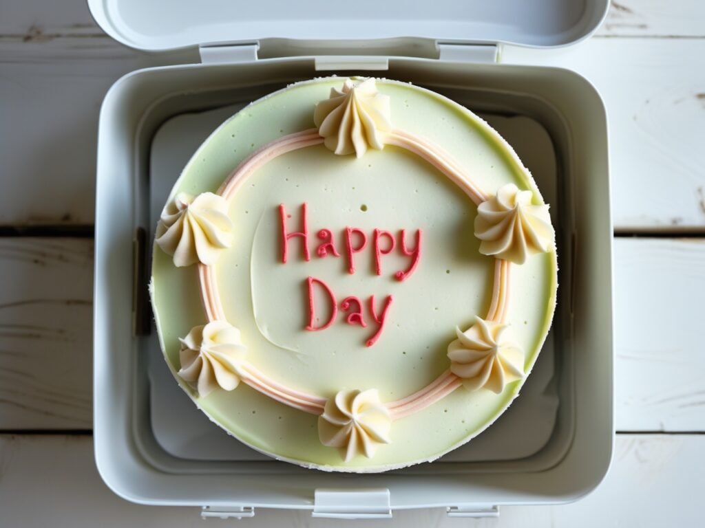 Mini bento cake with pastel frosting and ‘Happy Day’ piped on top, inside a white lunchbox.