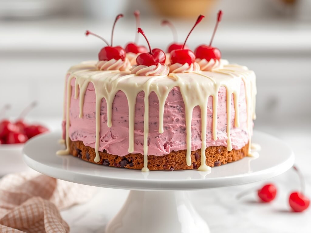 Beautiful cherry chip cake with pink cream cheese frosting and cherries on top