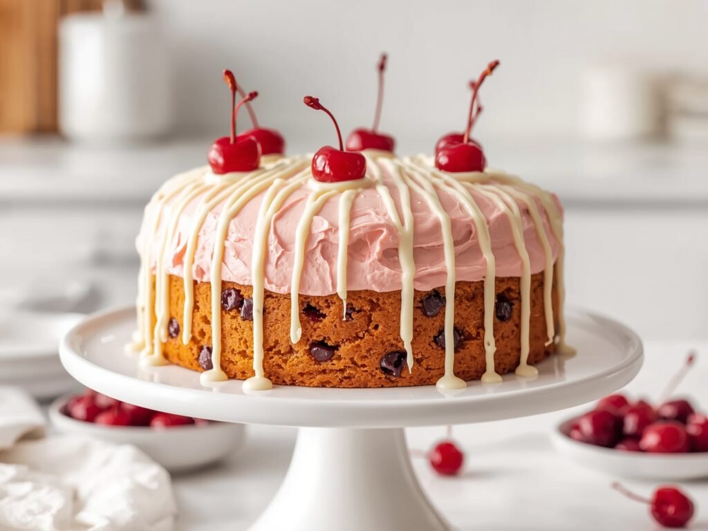 Beautiful cherry chip cake with pink cream cheese frosting and cherries on top