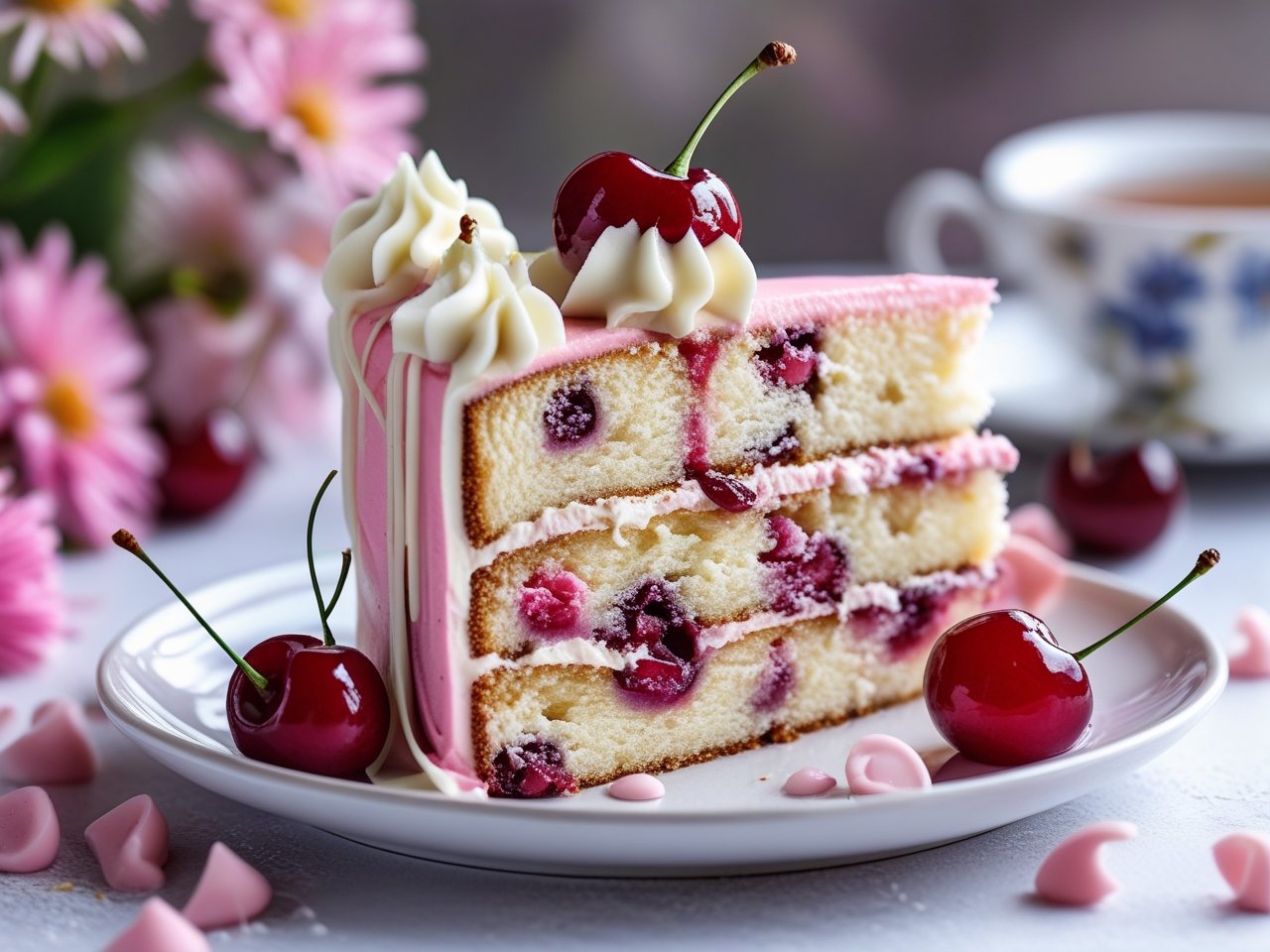 Slice of cherry chip cake with pink frosting, cherry on top, and white chocolate drizzle
