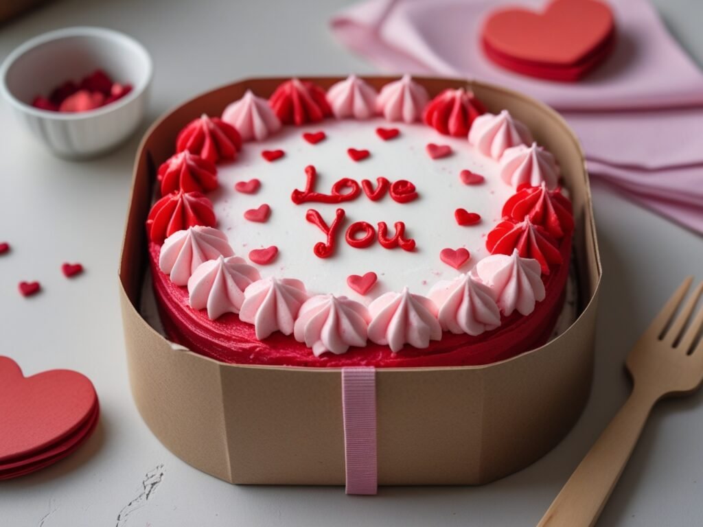 Mini bento cake with pastel frosting and ‘Happy Day’ piped on top, inside a white lunchbox.