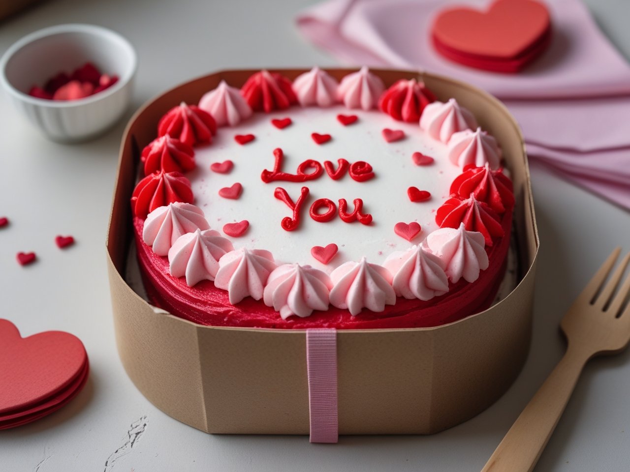 Mini bento cake with pastel frosting and ‘Happy Day’ piped on top, inside a white lunchbox.