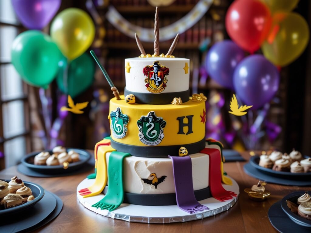 A birthday cake decorated with Hogwarts house scarves, a wand, and golden snitches.