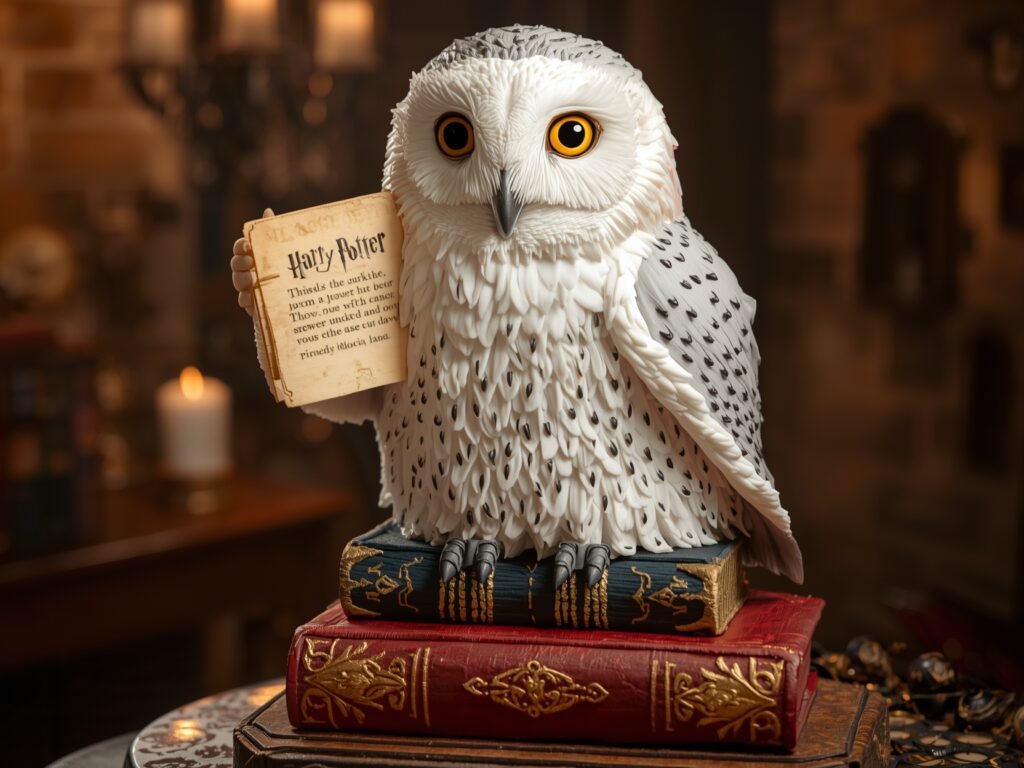 A birthday cake shaped like Hedwig the owl, holding a Hogwarts letter on top of magical books.