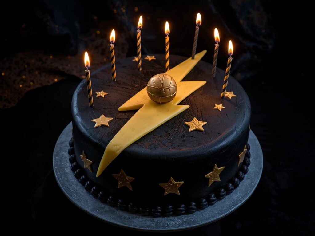 A lightning bolt-shaped Harry Potter cake with a golden snitch and magical effects.