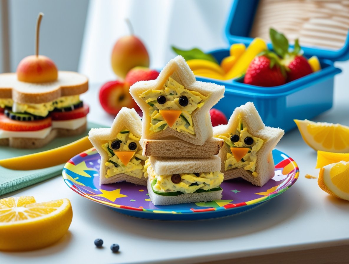 Egg salad sandwiches shaped like stars and animals served with fruits in a kid’s lunchbox