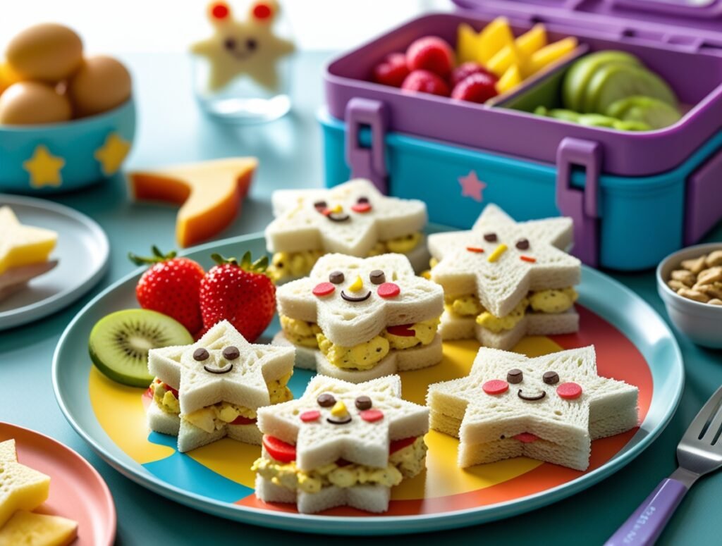 Egg salad sandwiches shaped like stars and animals served with fruits in a kid’s lunchbox