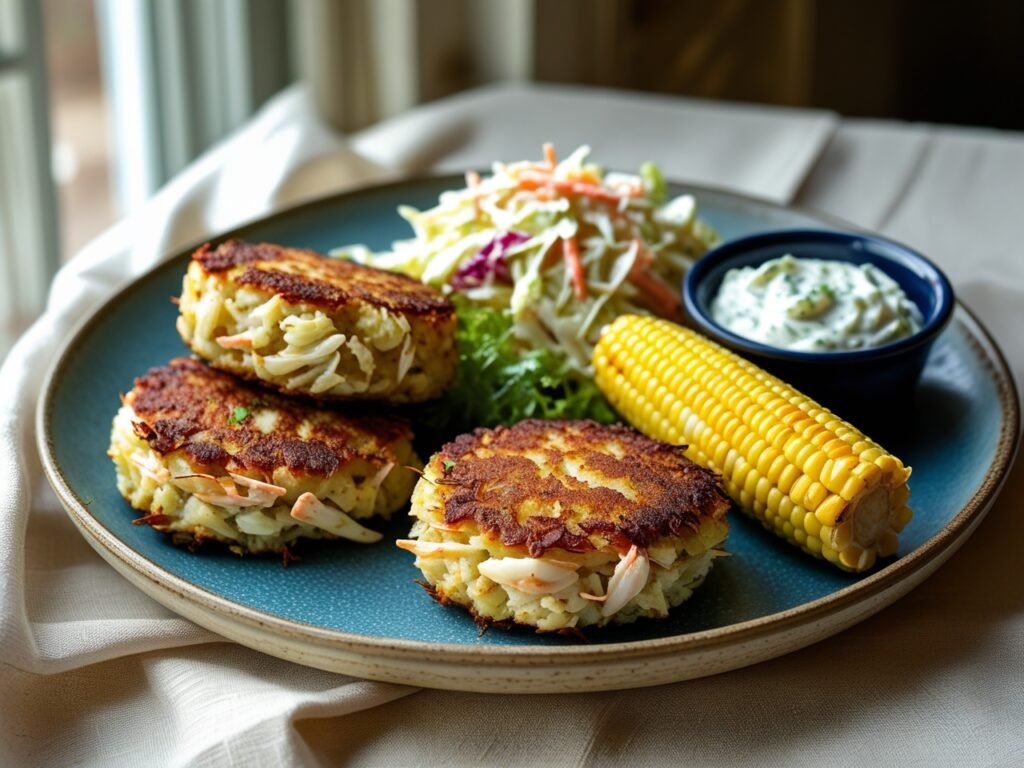Crab cakes served with coleslaw, corn on the cob, and tartar sauce on a plate