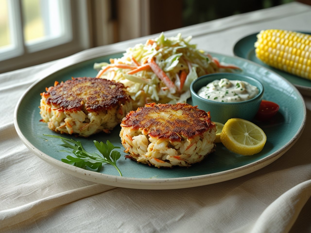 Crab cakes served with coleslaw, corn on the cob, and tartar sauce on a plate