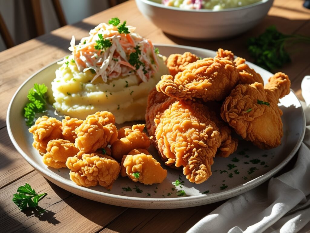 Golden crispy fried chicken on a plate with mashed potatoes and coleslaw, served fresh for dinner