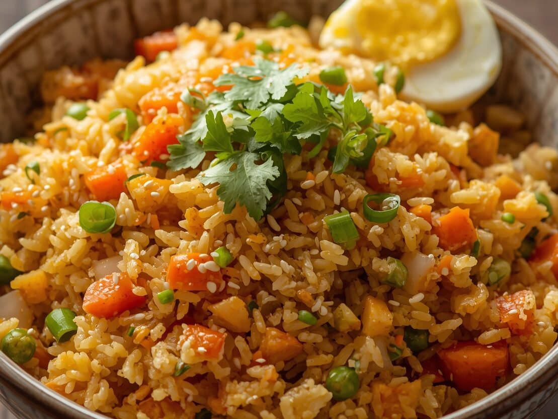 A bowl of vegetable fried rice garnished with half a boiled egg, cilantro, and green onions on a wooden table.