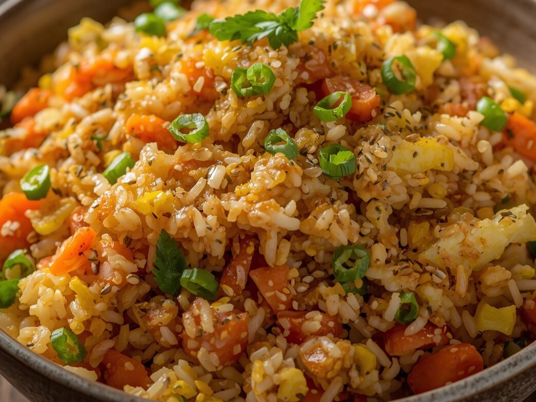 Close-up of a bowl filled with vegetable fried rice garnished with green chilies, sesame seeds, and chopped herbs on a rustic wooden surface.