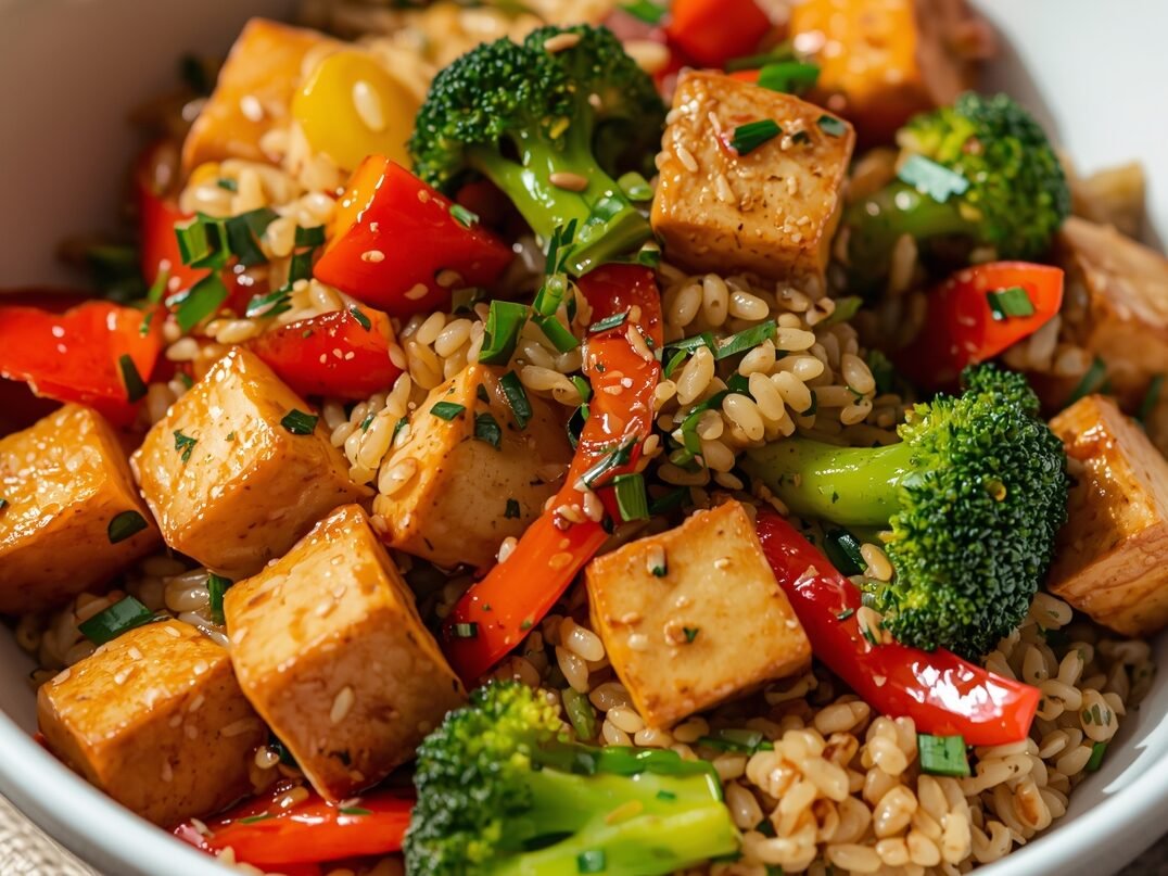 Vegan tofu stir fry with broccoli, bell peppers, and brown rice