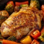 "One-pan roasted garlic lemon chicken with crispy golden skin and colorful roasted vegetables including carrots, broccoli, and bell peppers – quick, healthy cooking recipe under 30 minutes, zero waste chicken dinner, creamy garlic chicken alternative"