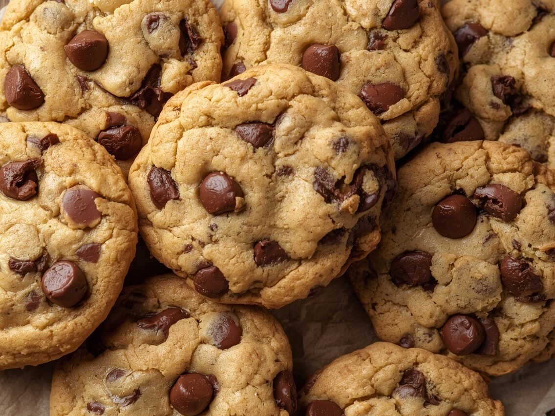 Freshly baked chocolate chip cookies cooling on a wire rack