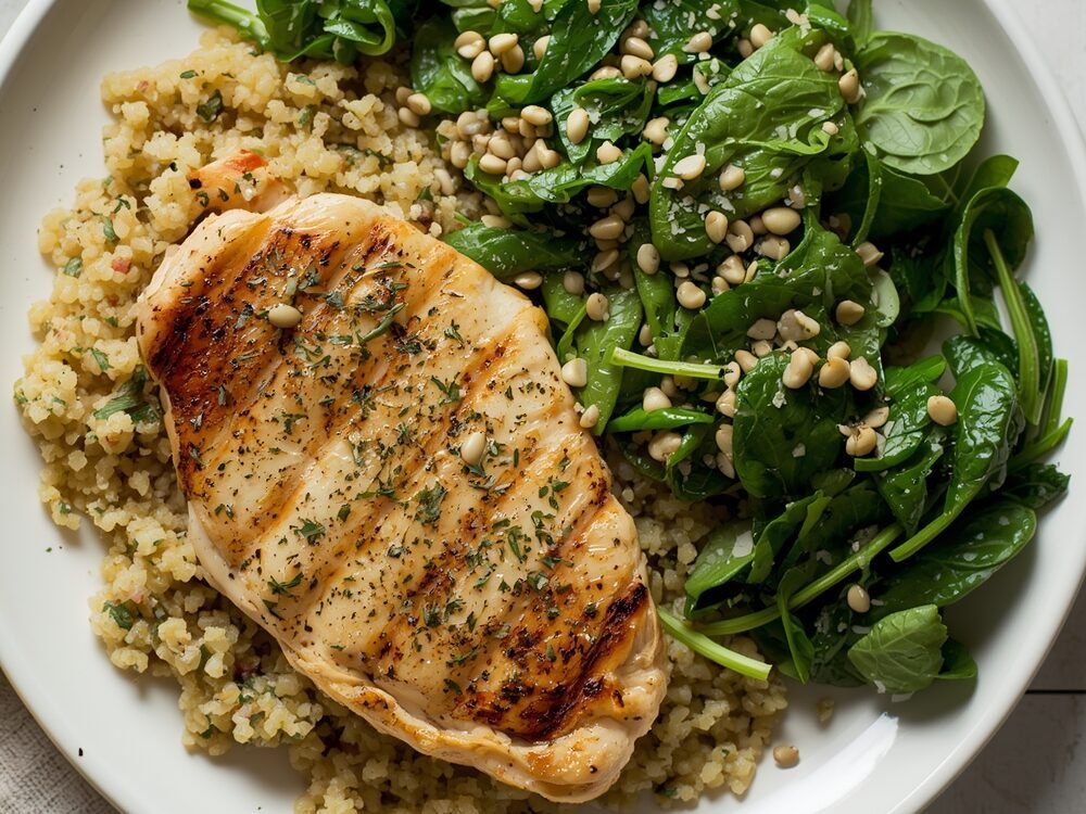 Grilled lemon herb chicken breast with quinoa and spinach on a white plate