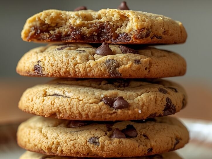 Stack of homemade chocolate chip cookies on a plate with melted chocolate chips