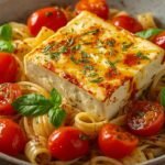 baked feta pasta with cherry tomatoes, melting feta, basil, olive oil