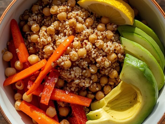 “Healthy quinoa grain bowl with chickpeas, avocado, and vegetables — a remixable meal idea for any base recipe.”