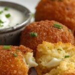 “Mashed potato fritters crispy exterior, served with herb dip”