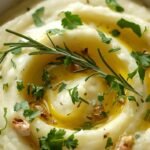 Creamy mashed potatoes topped with roasted garlic, fresh rosemary, and parsley in a white bowl, served as a delicious side dish for rotisserie chicken and zero waste meal ideas.
