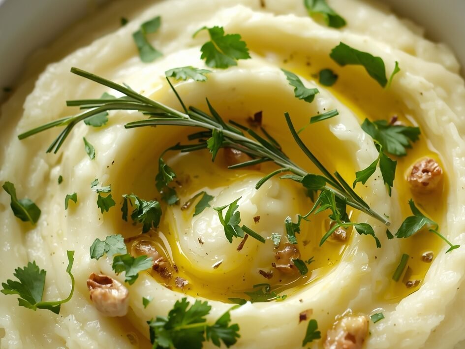Creamy mashed potatoes topped with roasted garlic, fresh rosemary, and parsley in a white bowl, served as a delicious side dish for rotisserie chicken and zero waste meal ideas.