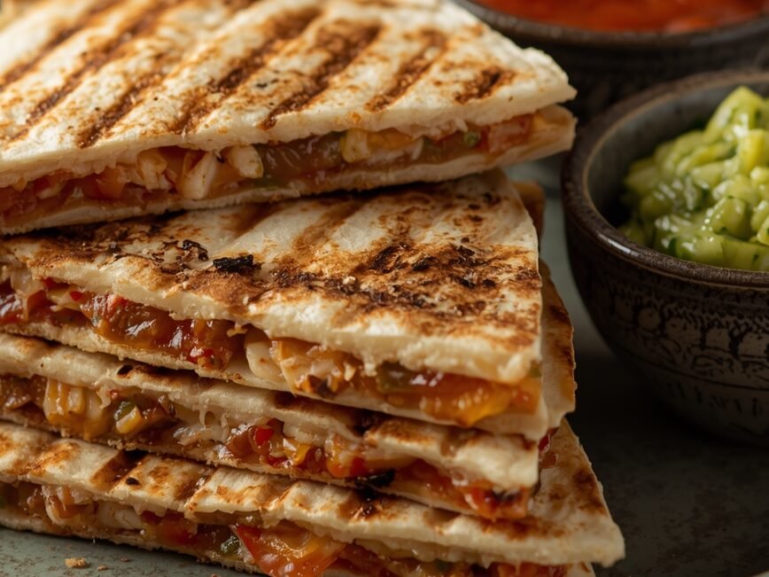 Grilled chicken quesadillas served with salsa and guacamole – delicious hot lunch idea for work or school
