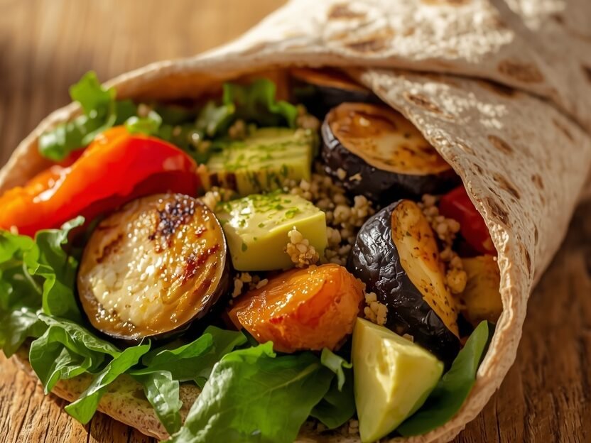 Healthy vegetarian wrap with grilled veggies, creamy avocado, quinoa, and hummus in a whole wheat tortilla — a perfect zero waste, family-friendly recipe remix idea.