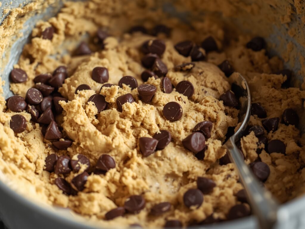 Chocolate chip cookie dough mixed in a bowl ready to scoop