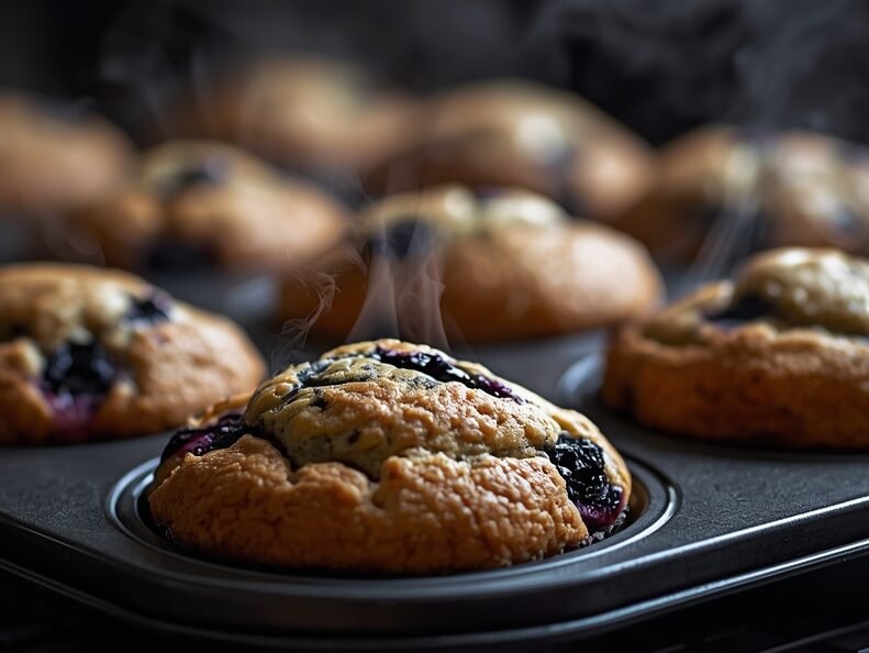 Freshly baked blueberry muffins in a muffin tin cooling on a rustic cloth with warm lighting
