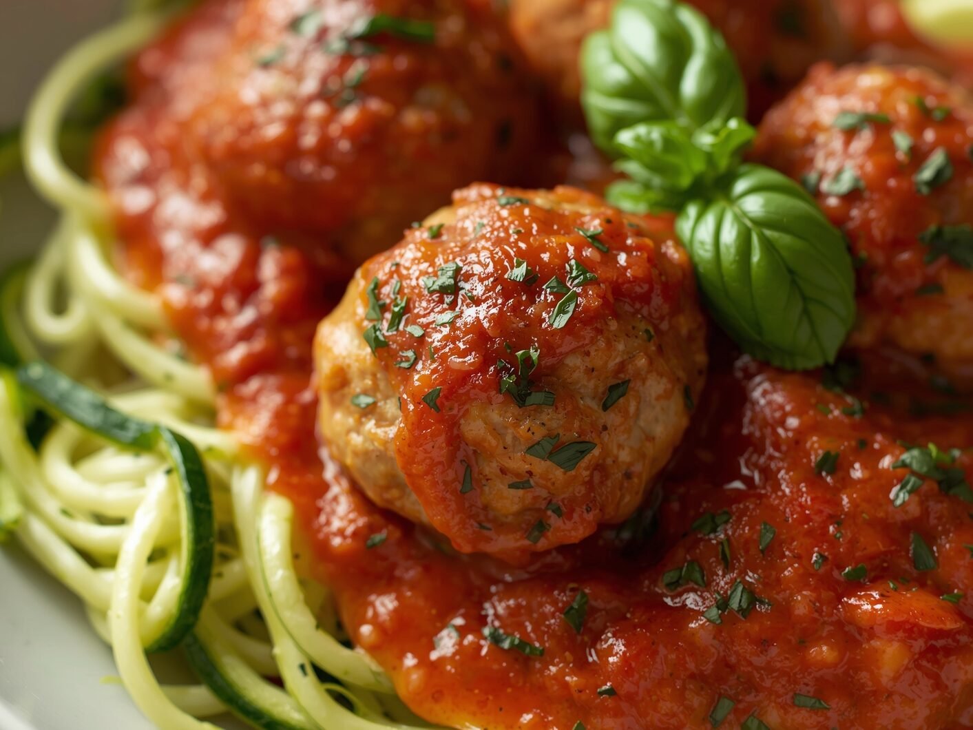 Turkey meatballs over zucchini noodles with marinara sauce