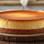 Full New York cheesecake with creamy texture and perfect graham cracker crust, golden top, rich and smooth, classic homemade dessert for special occasions and celebrations.