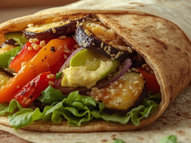 “Healthy vegetarian wrap with grilled veggies, avocado, quinoa, and hummus — a perfect recipe remix for lunch or dinner.”