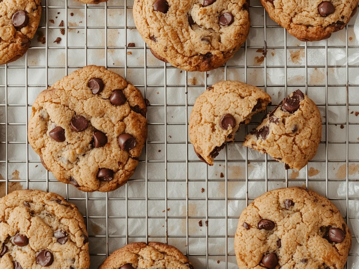 Freshly baked soft chocolate chip cookies on a wooden surface