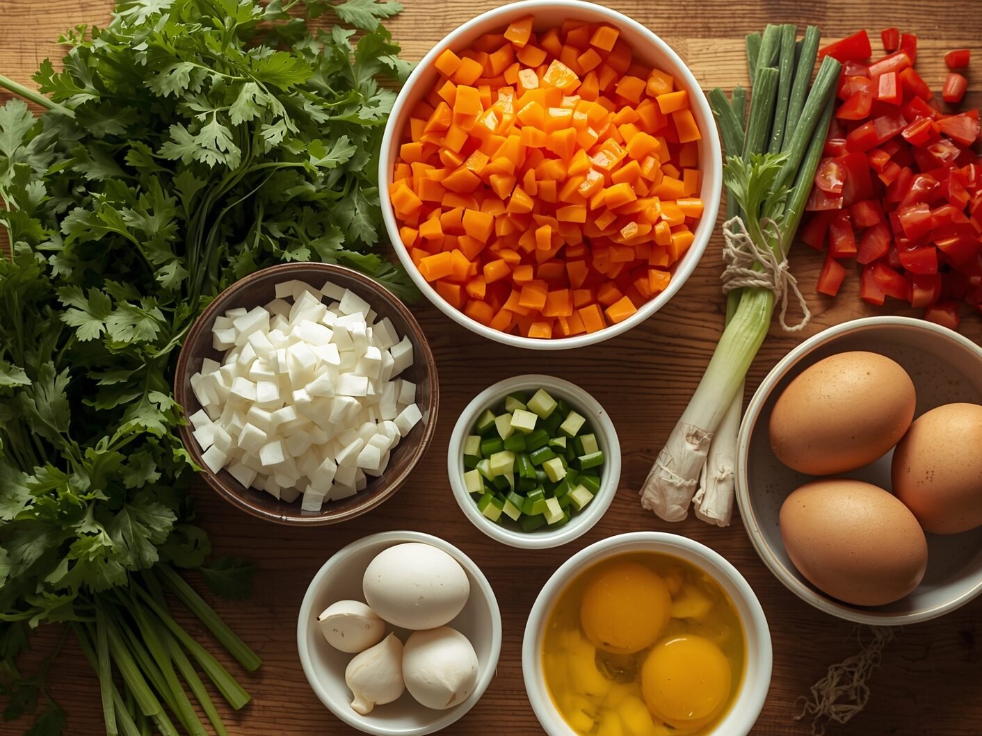 Freshly chopped vegetables including carrots, onions, bell peppers, and herbs arranged on a wooden table, ready for cooking fried rice.