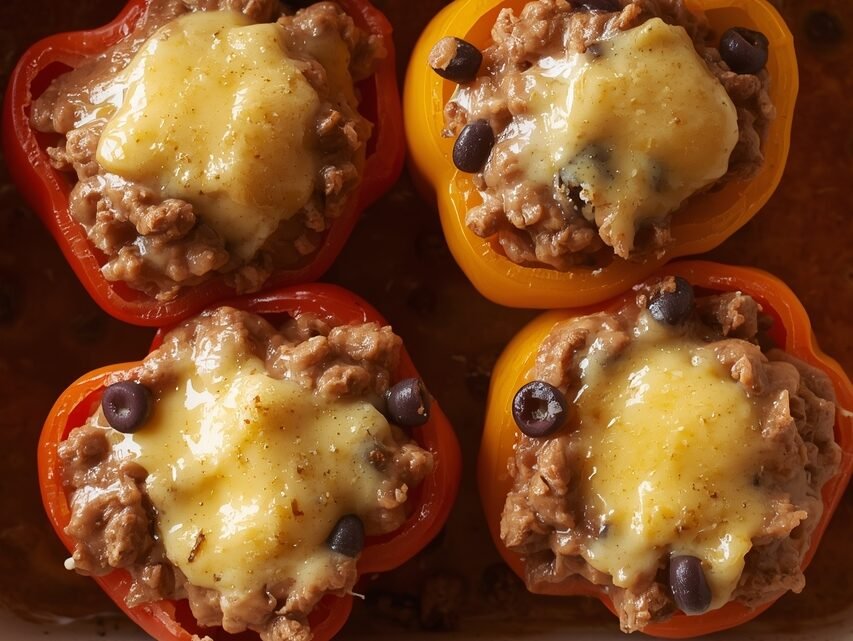 Stuffed bell peppers with ground turkey and black beans in a baking dish
