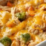 Golden-baked creamy rotisserie chicken and vegetable casserole with broccoli, carrots, and cheese in a white ceramic baking dish on a rustic table.