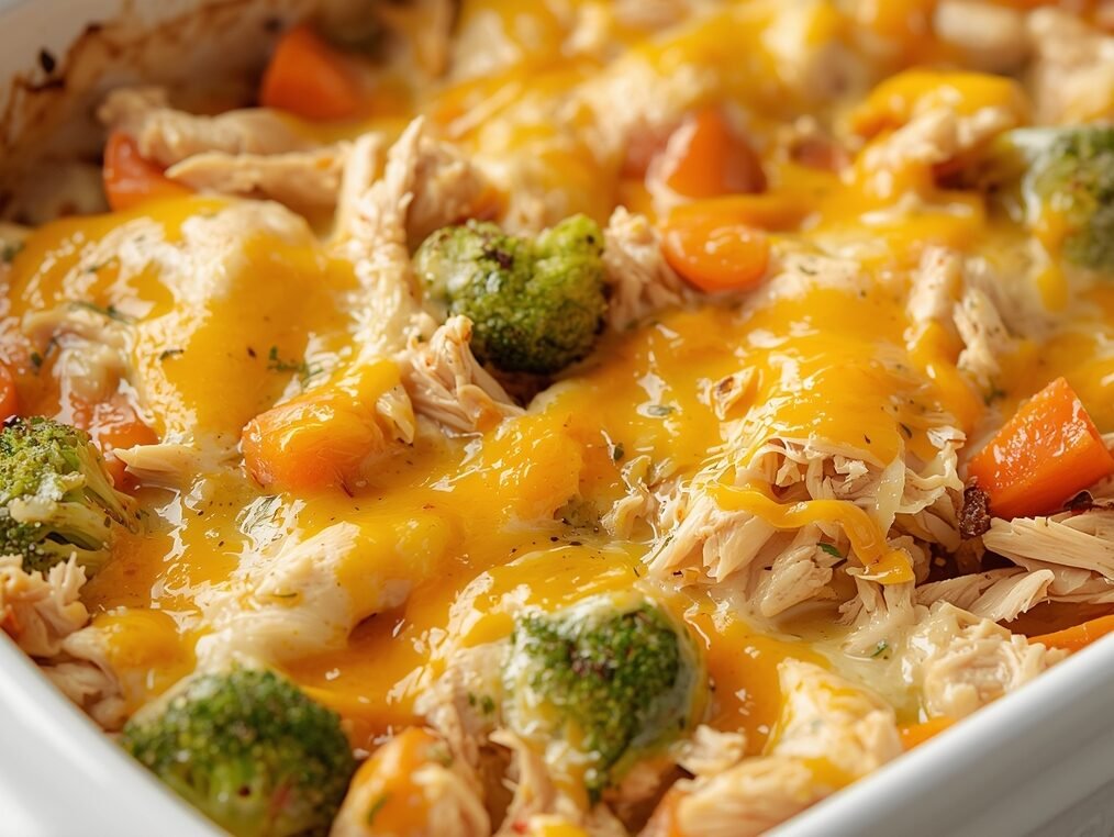 Golden-baked creamy rotisserie chicken and vegetable casserole with broccoli, carrots, and cheese in a white ceramic baking dish on a rustic table.