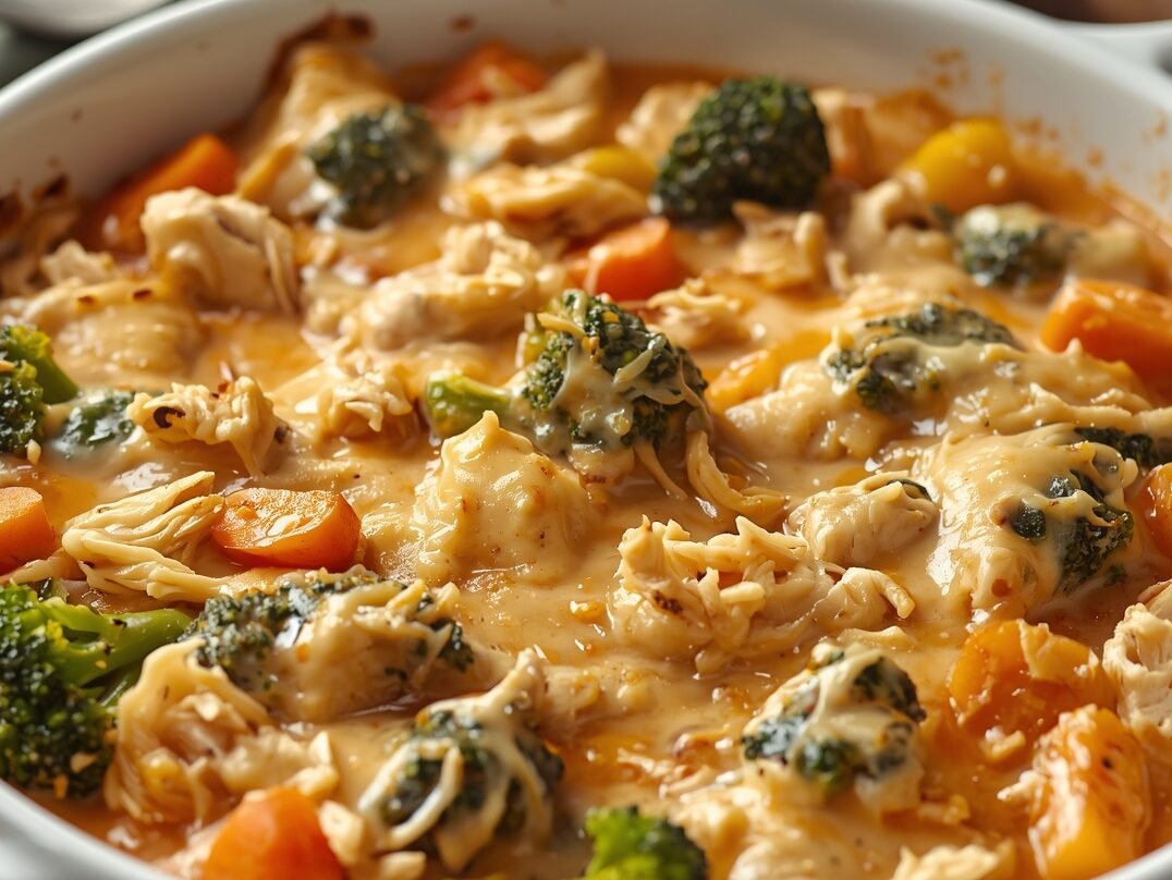 Creamy chicken and vegetable casserole with shredded rotisserie chicken, broccoli, carrots, and melted cheese in a white ceramic baking dish.