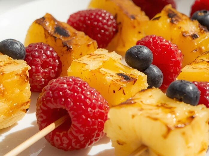 Fruity kabobs made with banana, pineapple, and berries grilled on a Blackstone, served as a snack.