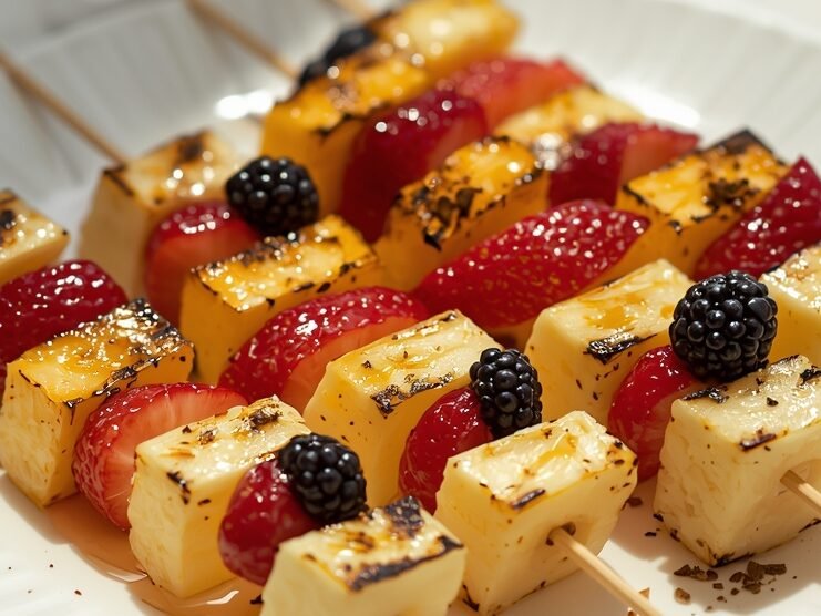 Fruity kabobs made with banana, pineapple, and berries grilled on a Blackstone, served as a snack.