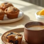Freshly baked blueberry muffins with moist centers and golden crusts, paired with a steaming mug of creamy coffee and fruit on a cozy breakfast table