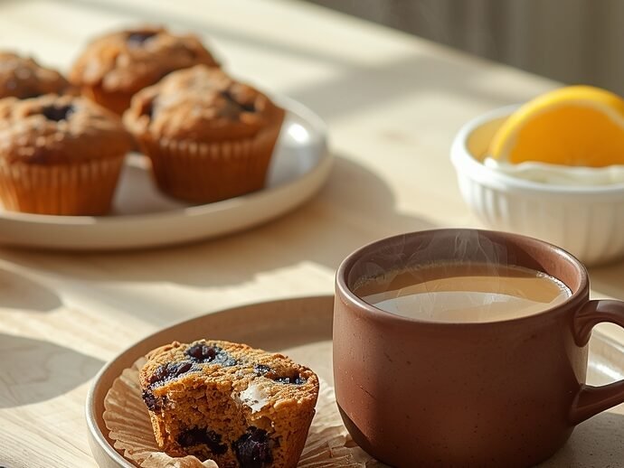Freshly baked blueberry muffins with moist centers and golden crusts, paired with a steaming mug of creamy coffee and fruit on a cozy breakfast table