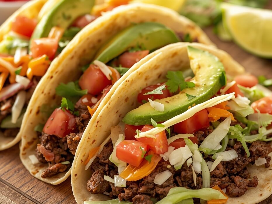 Fresh ground beef tacos topped with shredded lettuce, diced tomatoes, avocado slices, and cheese, served with lime wedges on a wooden board.