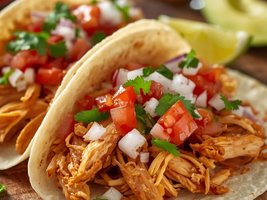 Shredded rotisserie chicken tacos topped with fresh homemade salsa, avocado slices, cilantro, and lime wedges on a rustic wooden table.