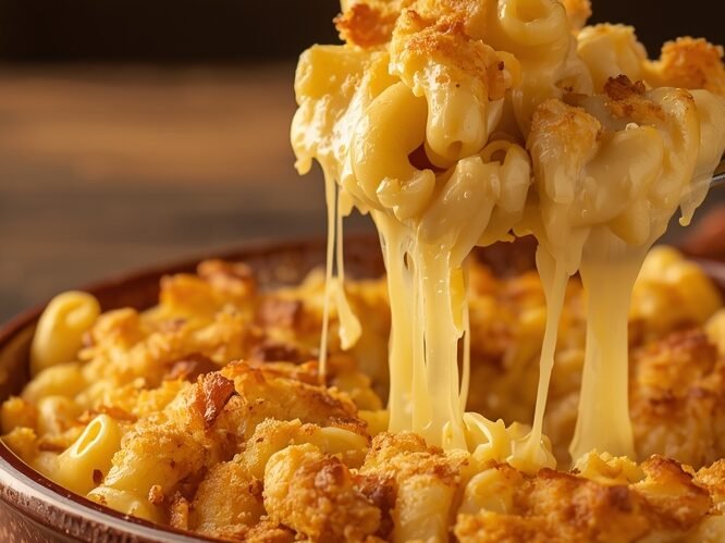Golden baked restaurant-style mac and cheese with creamy cheddar sauce and crispy breadcrumb topping in a rustic dish, perfect for homemade comfort food