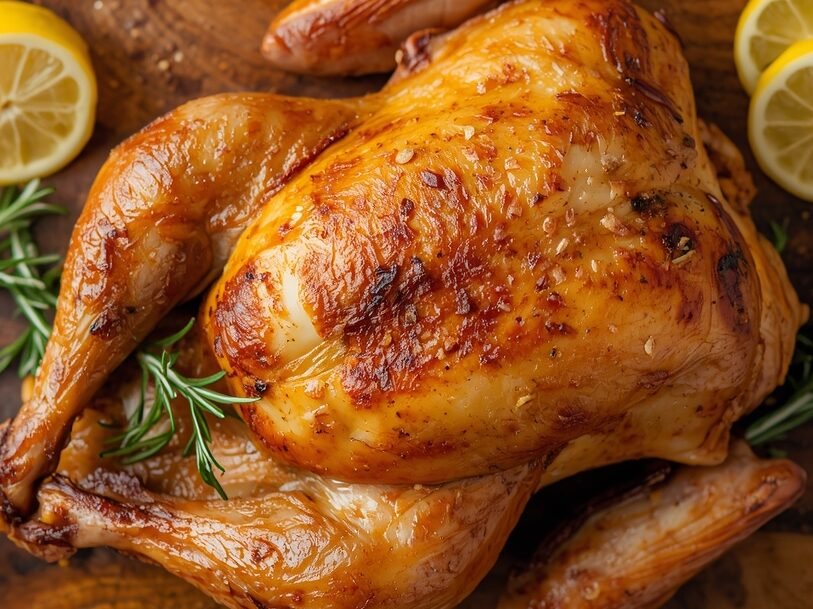 “Perfectly roasted whole chicken on a wooden board with lemon and herbs — a classic base recipe for remixing meals.”