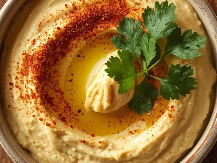 Creamy Homemade Hummus with Olive Oil and Paprika Garnish – Easy Vegan Dip Recipe