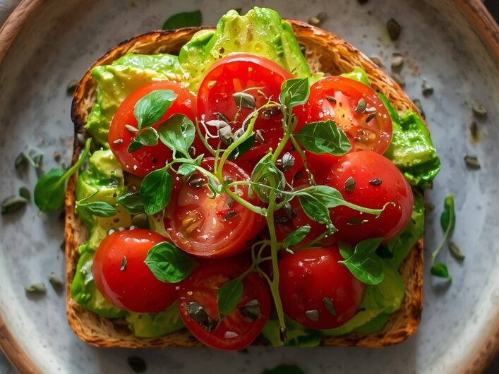 Avocado toast on whole grain bread with cherry tomatoes, hemp seeds, and microgreens — healthy low-sugar breakfast idea for busy mornings, perfect for meal prep and clean eating