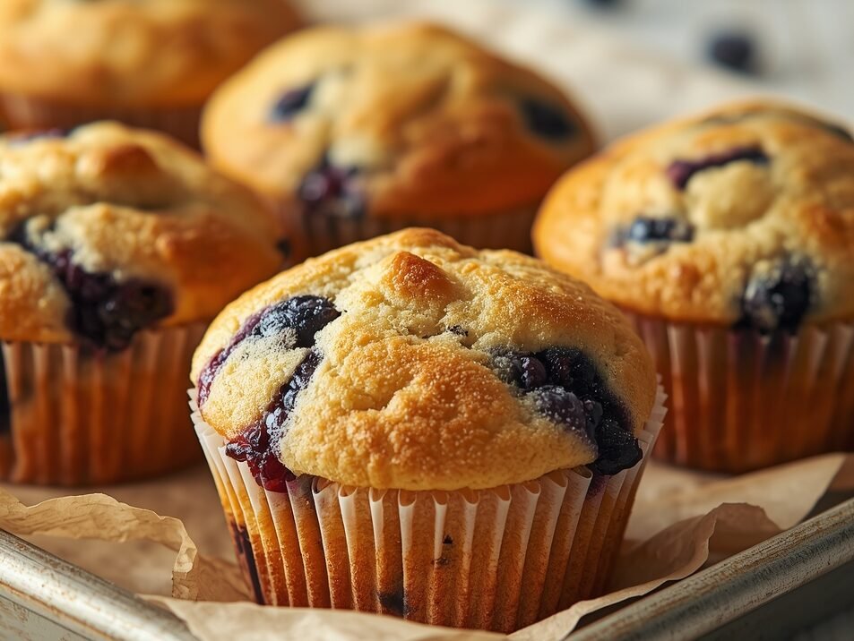 Golden bakery-style blueberry muffins with domed tops and juicy blueberries on a rustic tray
